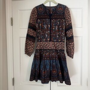 Sea New York Gemma Long Sleeve Peasant Dress in Blue and Brown